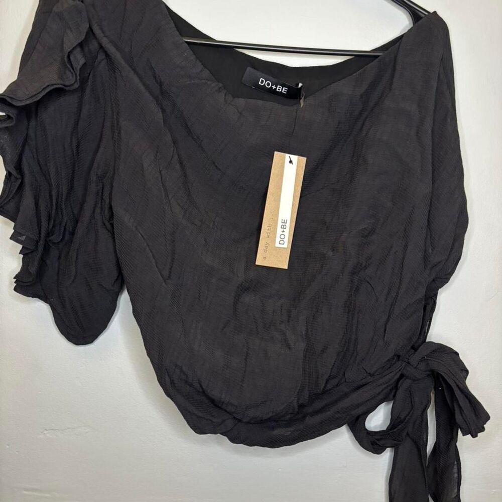 NWT DO+BE Black Wrap Crop Top Puff Sleeve Tie Waist Boho Blouse Small
